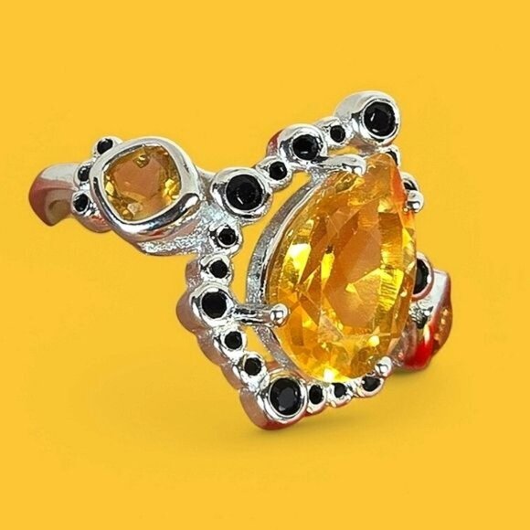 925 Sterling Silver Ring Sz 7.75 with Natural Citrine 12x8mm and Black Spinel - Picture 1 of 10